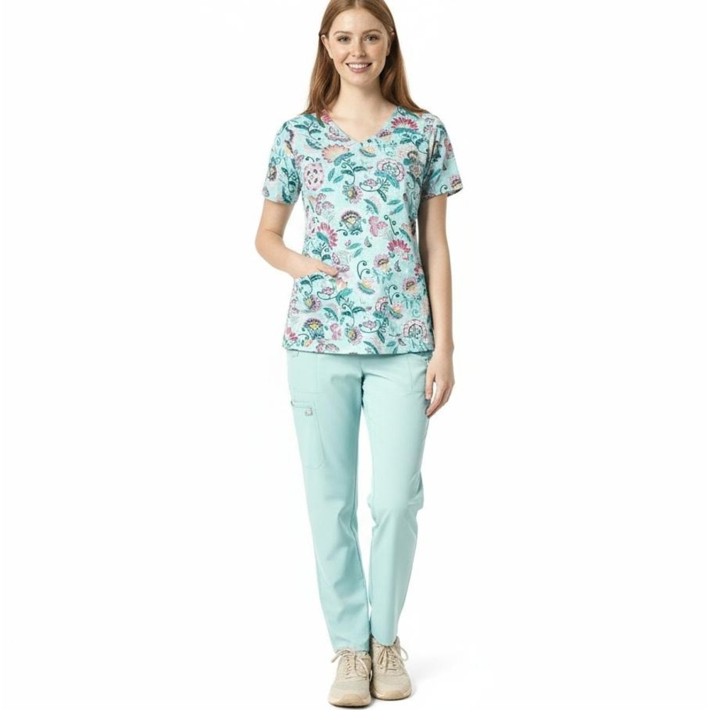 Vera Bradley Women's Scrub Top Laos Lily Blue Print V-Neck Floral‎ Size S